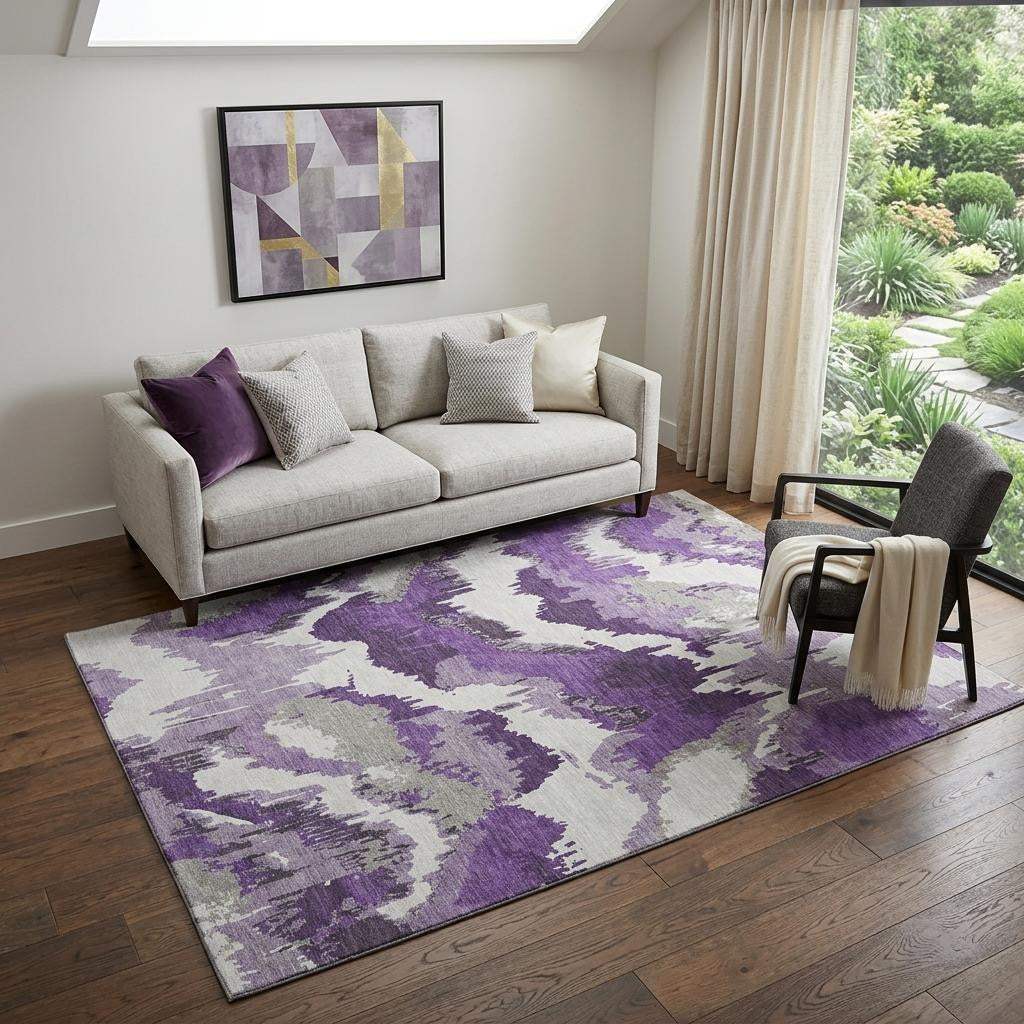 5' X 8' Purple Ivory And Gray Abstract Washable Area Rug With UV Protection - HomeRoots - Flyclothing LLC