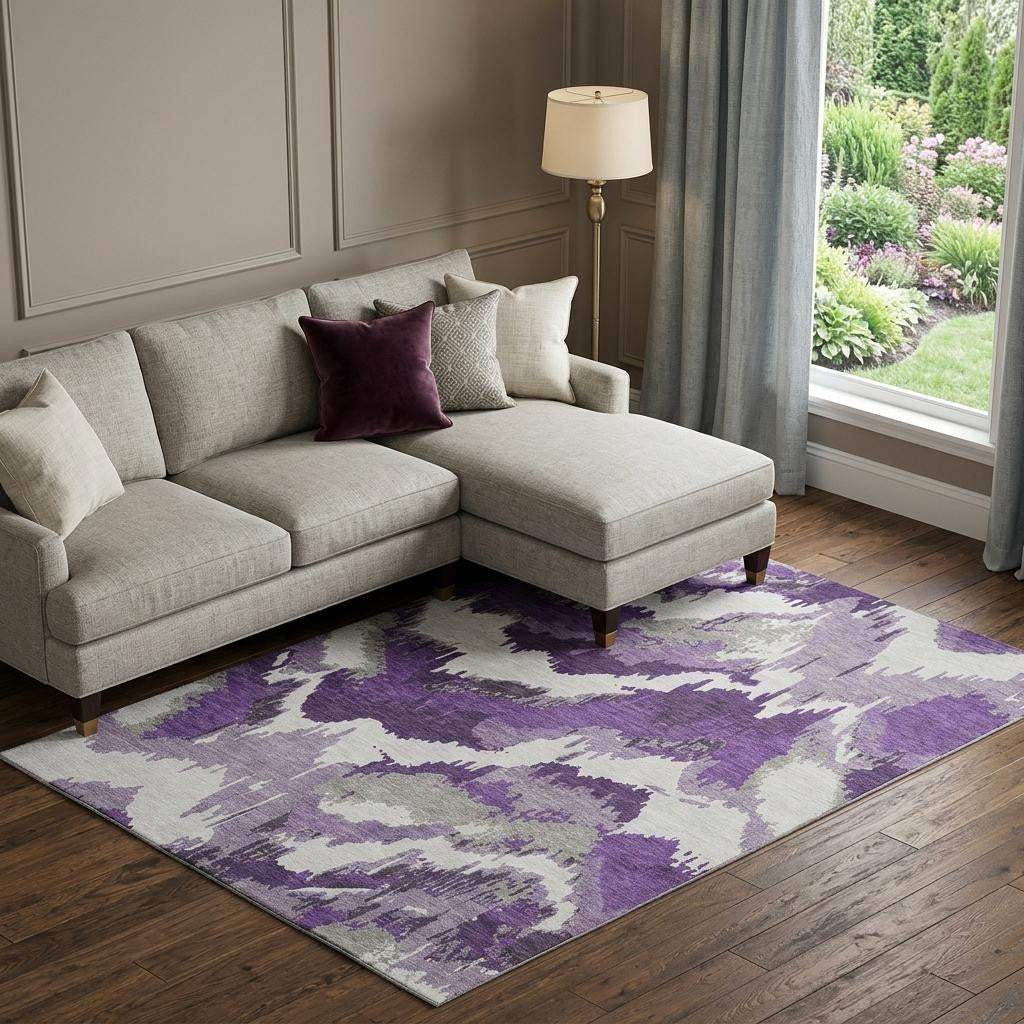 8' X 10' Purple Ivory And Gray Abstract Washable Area Rug With UV Protection - HomeRoots - Flyclothing LLC