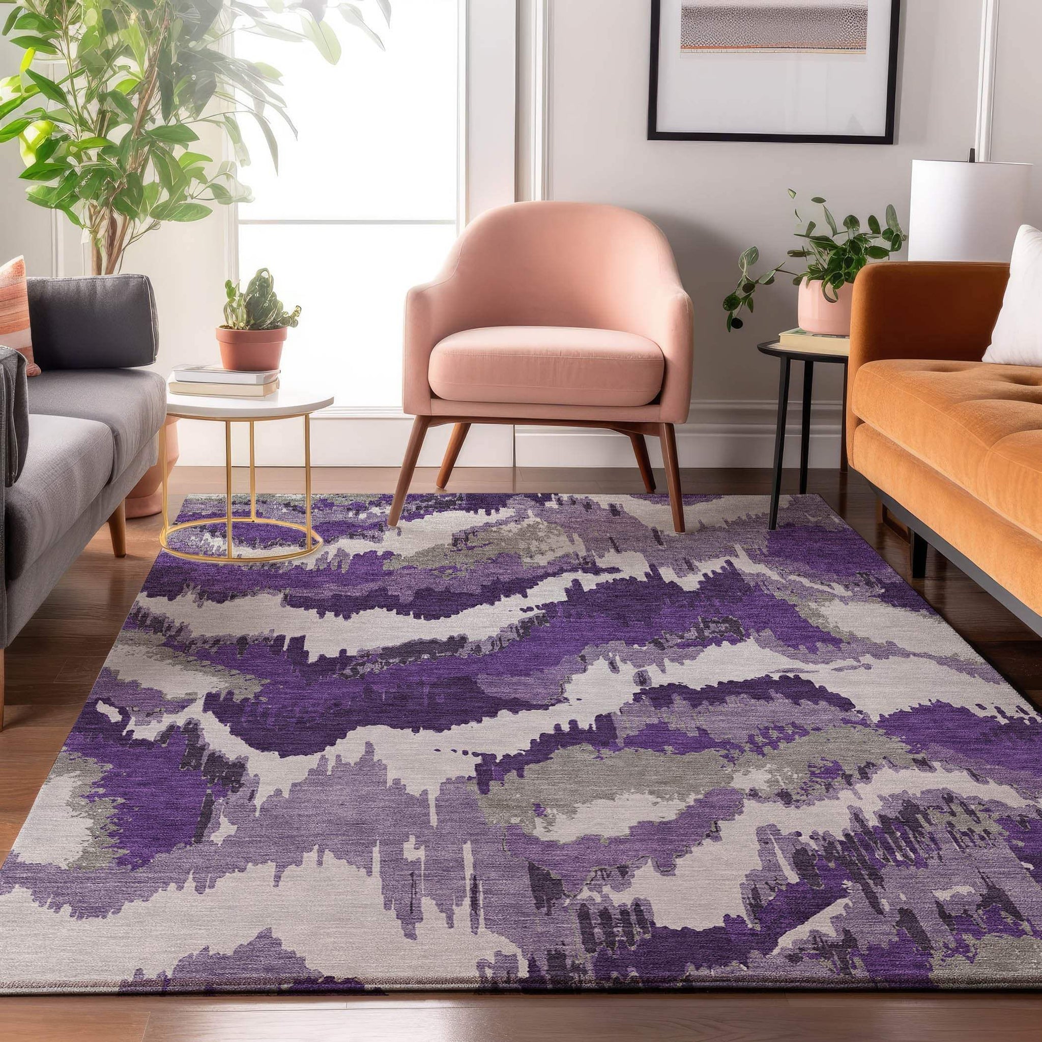 9' X 12' Purple Ivory And Gray Abstract Washable Area Rug With UV Protection - HomeRoots - Flyclothing LLC