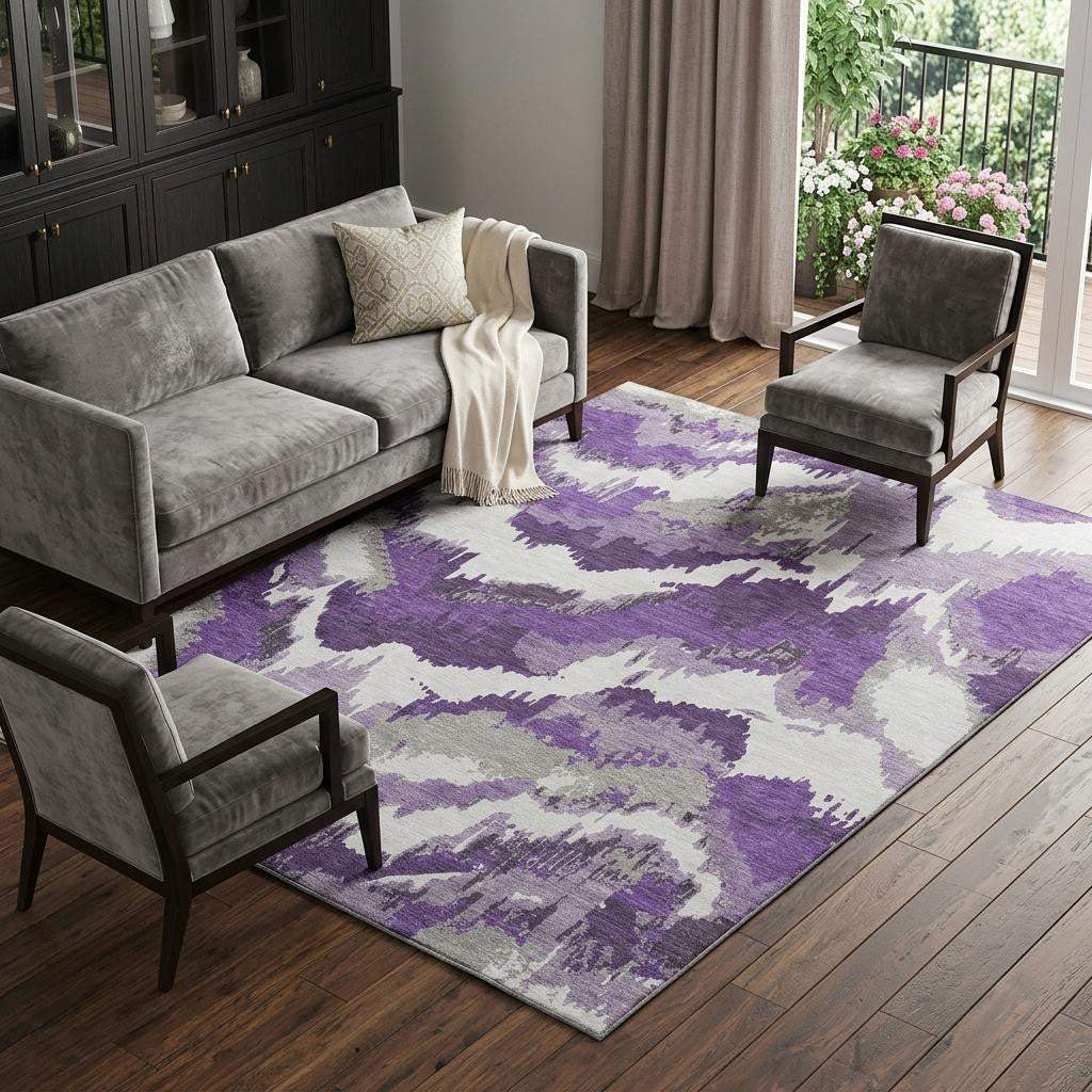 9' X 12' Purple Ivory And Gray Abstract Washable Area Rug With UV Protection - HomeRoots - Flyclothing LLC