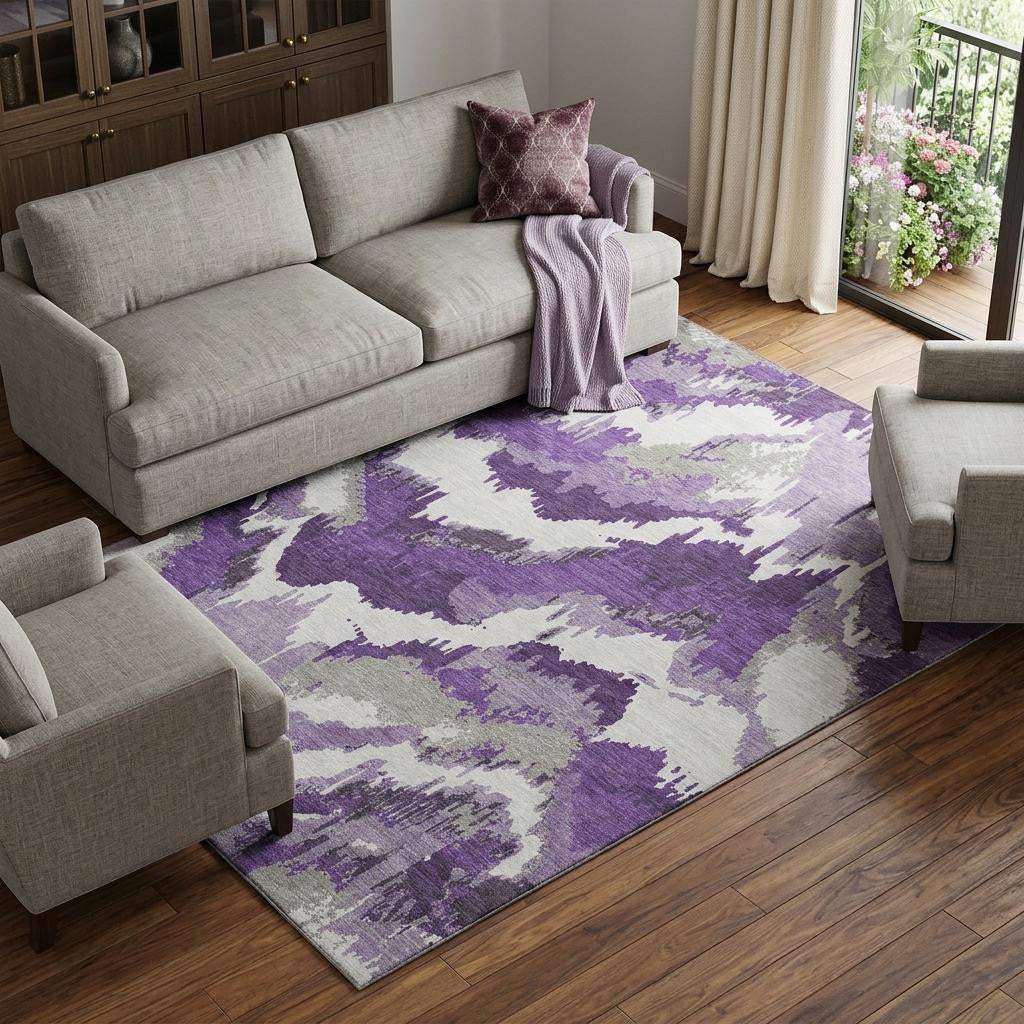 10' X 14' Purple Ivory And Gray Abstract Washable Area Rug With UV Protection - HomeRoots - Flyclothing LLC