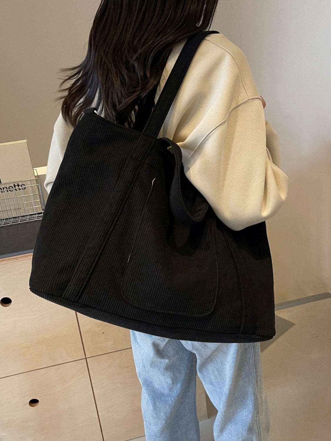 Corduroy Solid Large Tote Bag - Trendsi