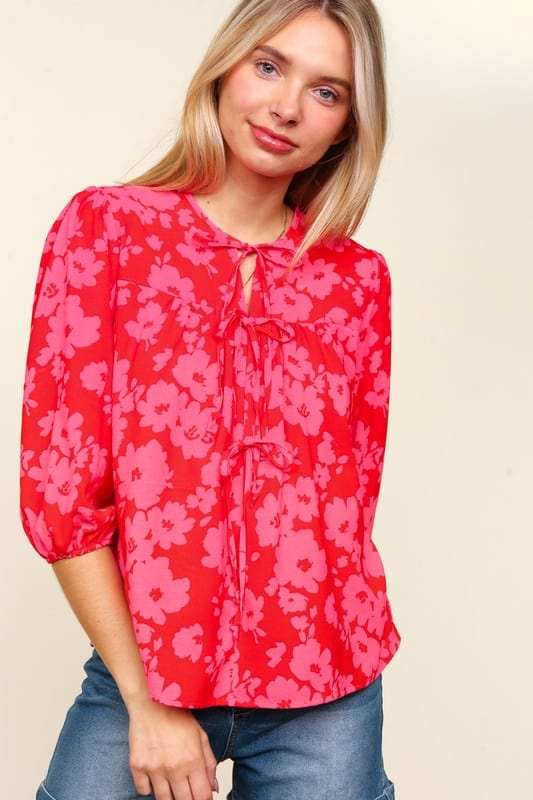Haptics Full Size Ribbon Bow Floral Balloon Sleeve Blouse - Trendsi - Flyclothing LLC
