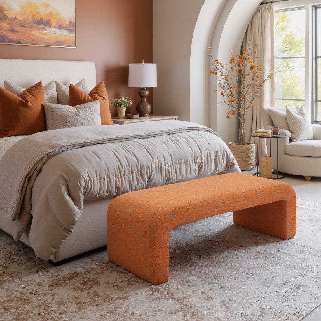 50" Orange Fabric Abstract Curvy Upholstered Bench - HomeRoots - Flyclothing LLC