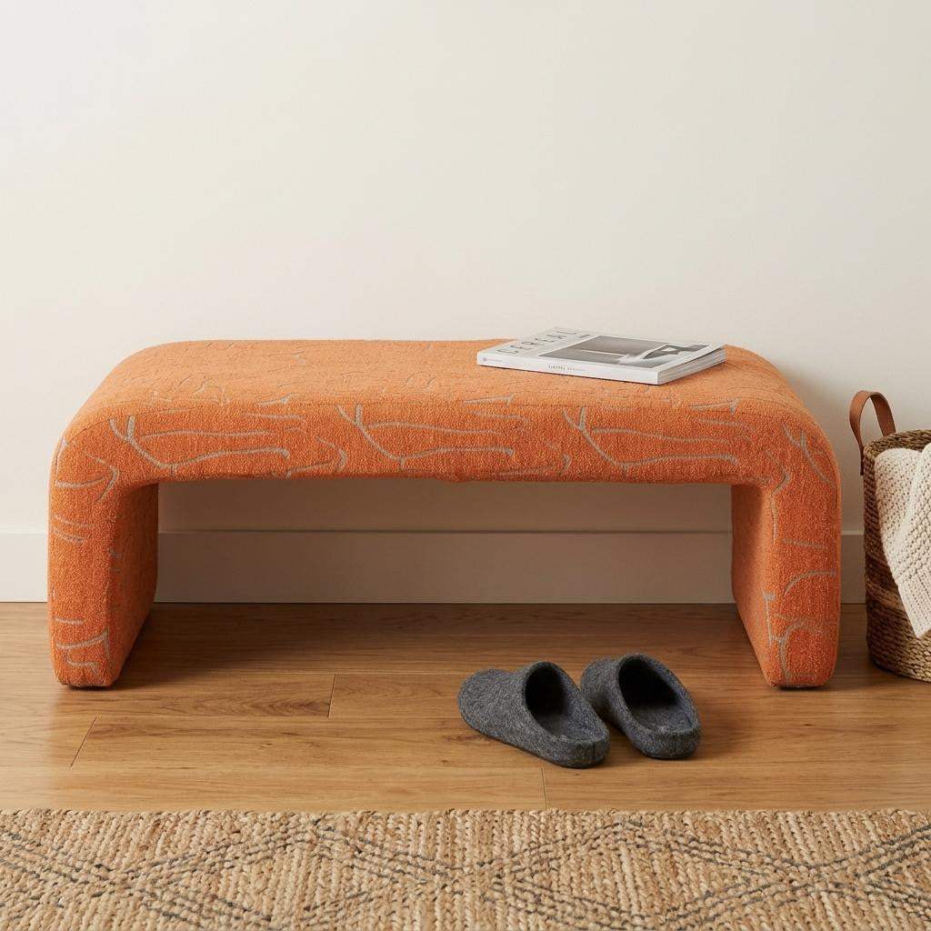 50" Orange Fabric Abstract Curvy Upholstered Bench - HomeRoots - Flyclothing LLC