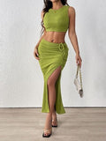 Perfee Texture Cropped Tank and Ruched Skirt Set - Trendsi