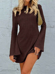 Backless Round Neck Long Sleeve Mini Dress - Trendsi