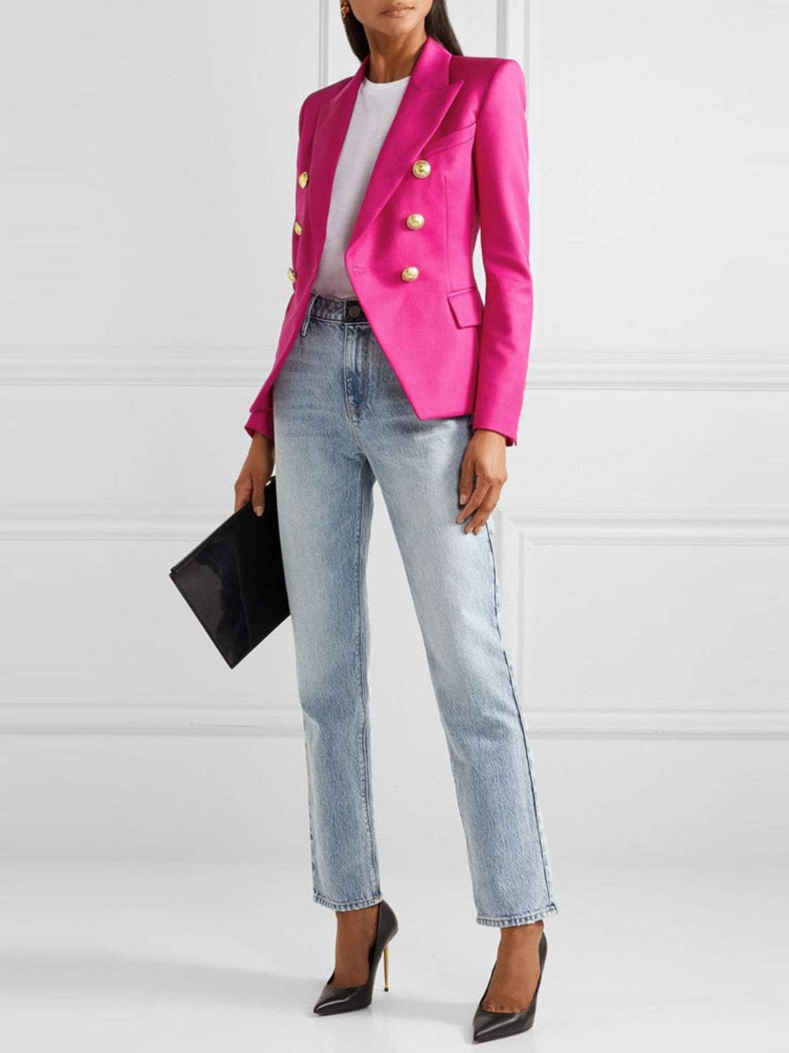 Lapel Collar Long Sleeve Blazer - Trendsi - Flyclothing LLC