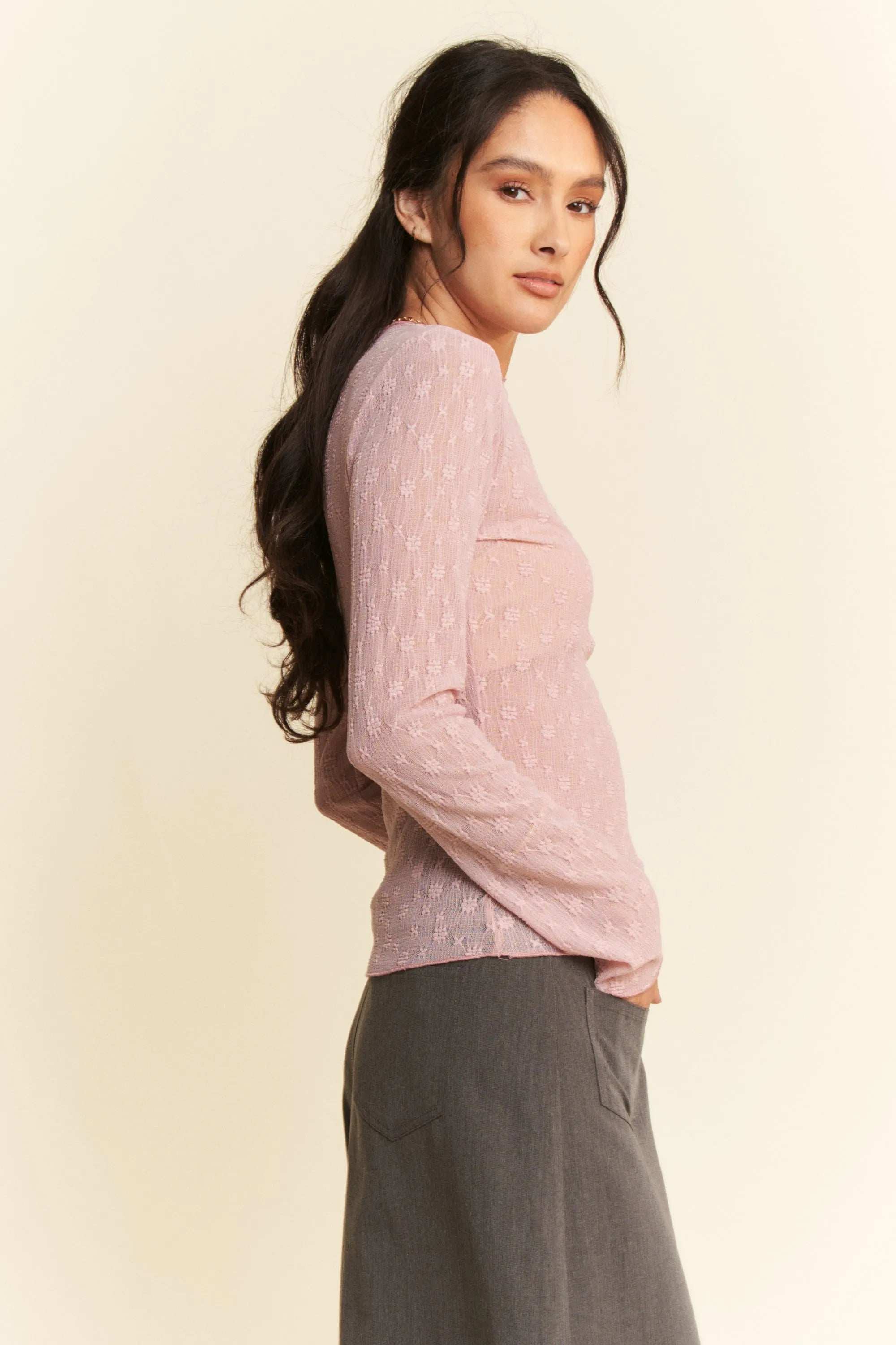 Davi & Dani Long Sleeve Sheer Small Embroidered Bows Lace Top - Trendsi - Flyclothing LLC