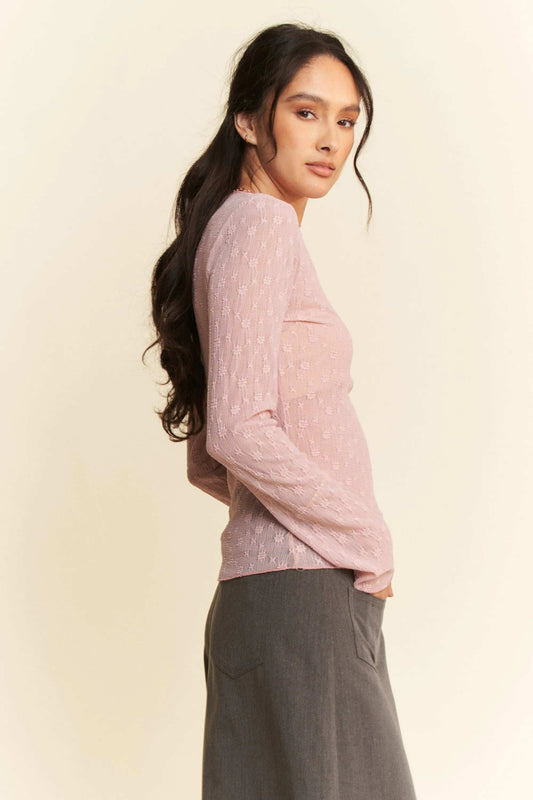 Davi & Dani Long Sleeve Sheer Small Embroidered Bows Lace Top - Trendsi - Flyclothing LLC