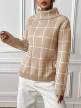Plaid Turtleneck Long Sleeve Sweater - Trendsi - Flyclothing LLC