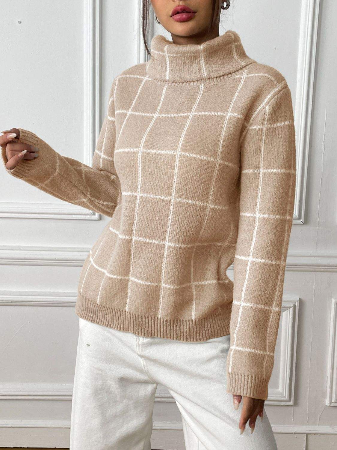 Plaid Turtleneck Long Sleeve Sweater - Trendsi - Flyclothing LLC