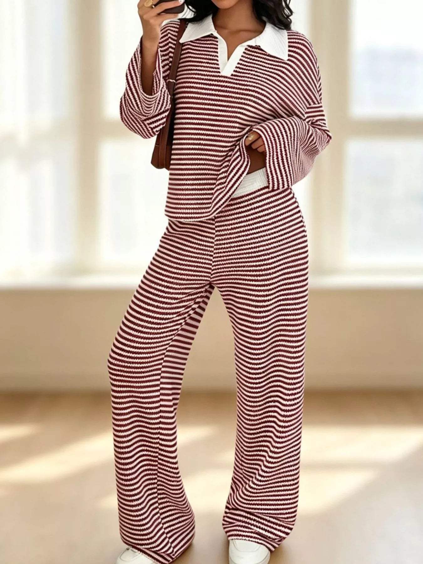 Striped Long Sleeve Polo and Wide-Leg Pants Set - Trendsi - Flyclothing LLC