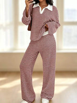 Striped Long Sleeve Polo and Wide-Leg Pants Set - Trendsi - Flyclothing LLC