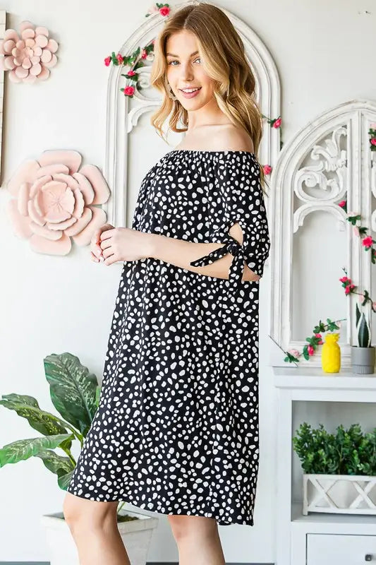 Heimish Full Size Short Sleeve Off Shoulder Animal Mini Dress Plus Size - Trendsi - Flyclothing LLC