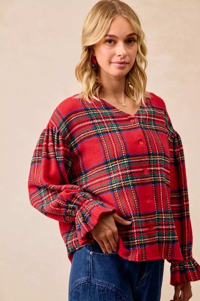 BiBi Christmas Plaid V-Neck Flounce Sleeve Jacket - Trendsi - Flyclothing LLC