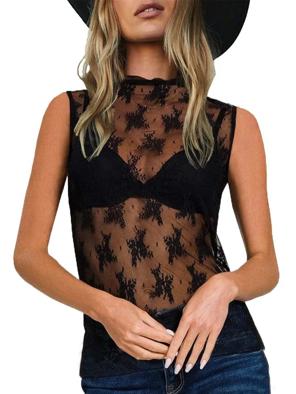 Lace Mock Neck Top - Trendsi - Flyclothing LLC