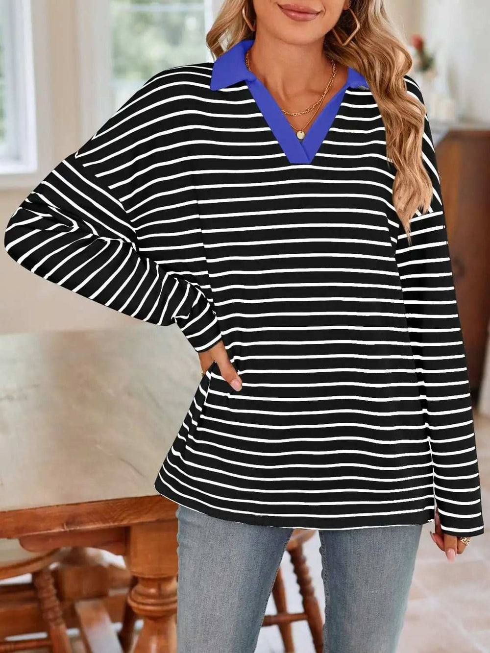 Striped Johnny Collar Long Sleeve T-Shirt - Trendsi - Flyclothing LLC
