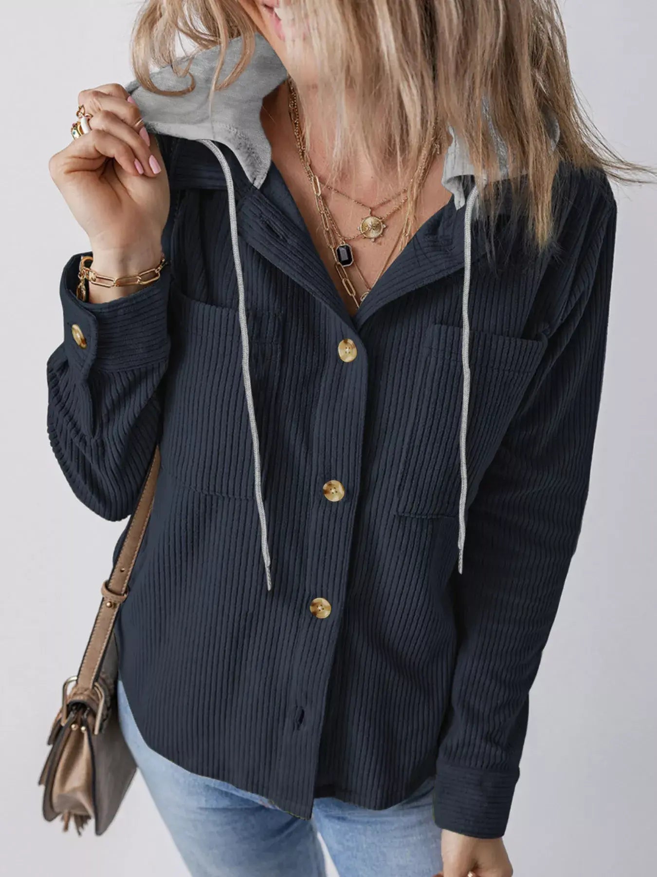 Hooded Corduroy Button-Down Jacket - Trendsi - Flyclothing LLC