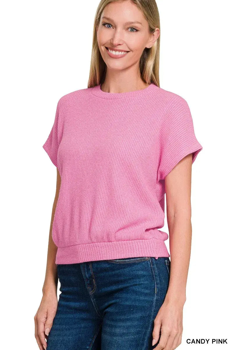 Zenana Round Neck Banded Botton Short Sleeve Sweater - Trendsi - Flyclothing LLC