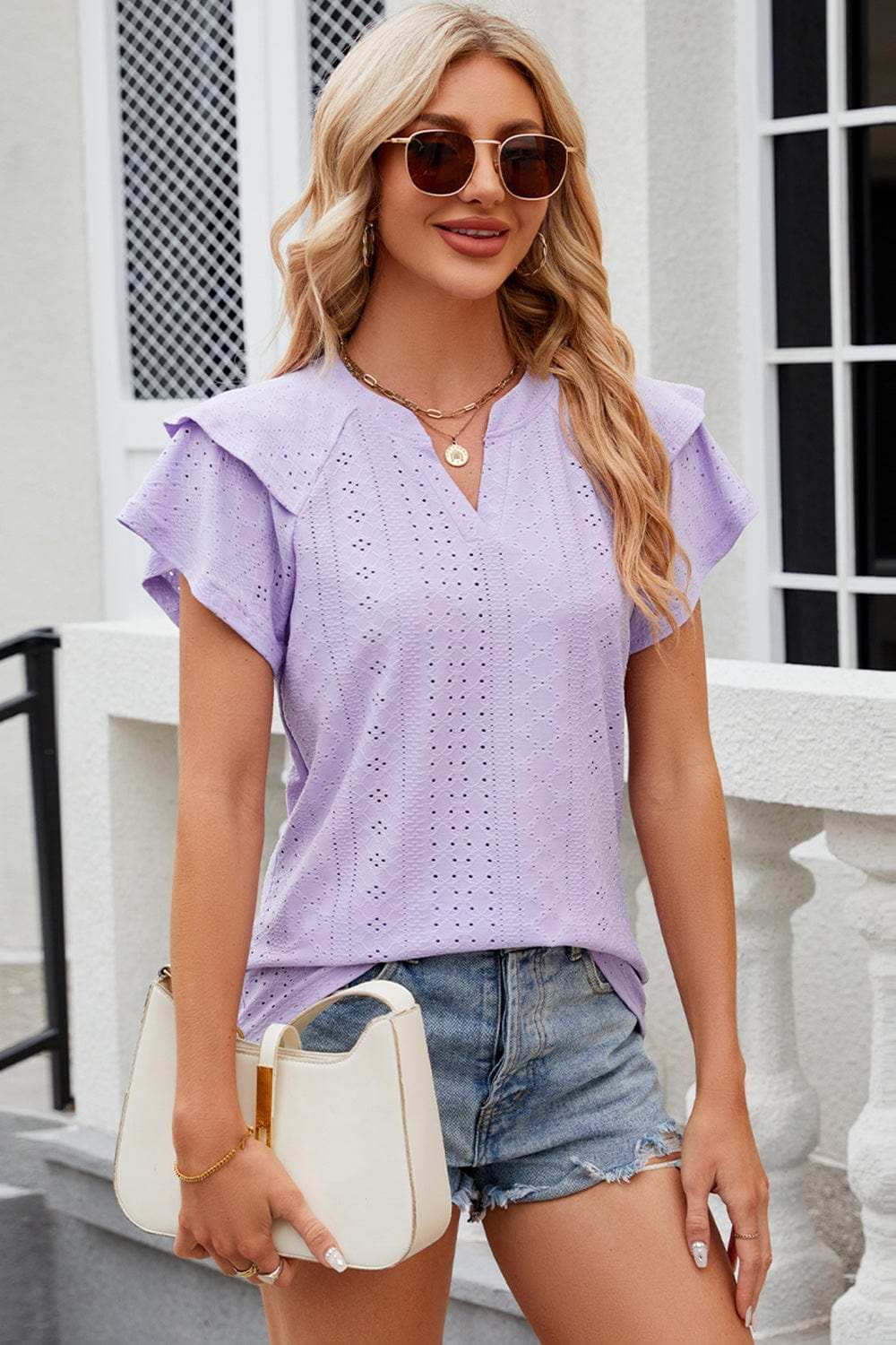 Eyelet Notched Flutter Sleeve T-Shirt - Trendsi - Flyclothing LLC