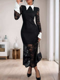 Perfee Lace Contrast Collared Neck Long Sleeve Midi Dress - Trendsi - Flyclothing LLC