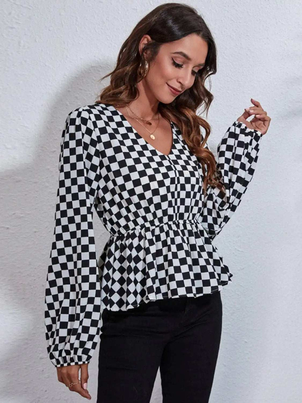 Ruched Printed V-Neck Long Sleeve Blouse - Trendsi - Flyclothing LLC