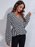 Ruched Printed V-Neck Long Sleeve Blouse - Trendsi - Flyclothing LLC