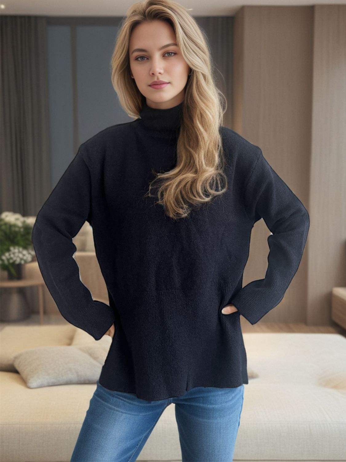Side Slit Turtleneck Long Sleeve Sweater - Trendsi - Flyclothing LLC