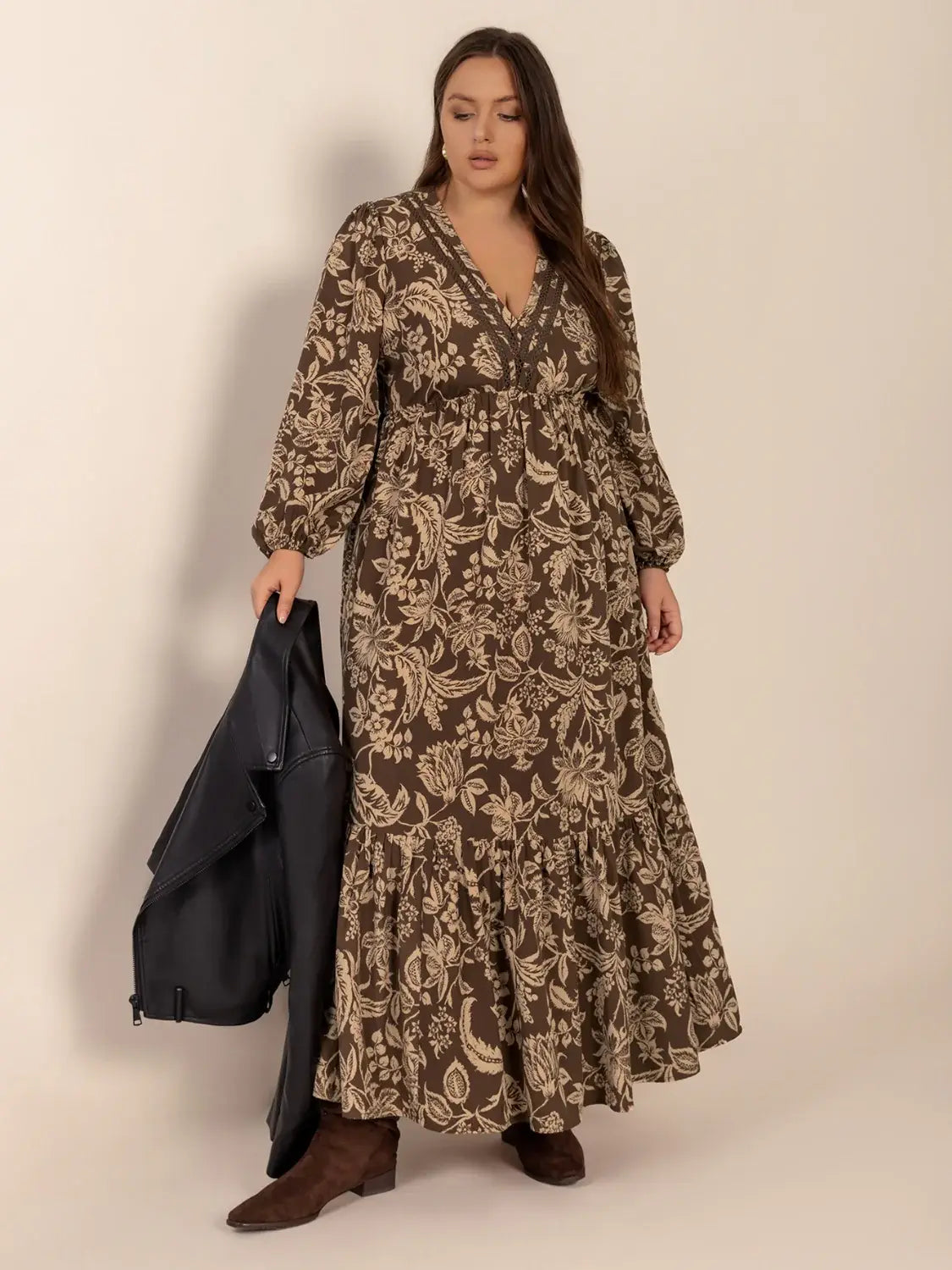 Plus Size Printed V-Neck Balloon Sleeve Maxi Dress - Trendsi - Flyclothing LLC