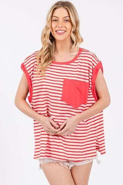 Ces Femme Side Slit Striped Cap Sleeve T-Shirt - Trendsi - Flyclothing LLC