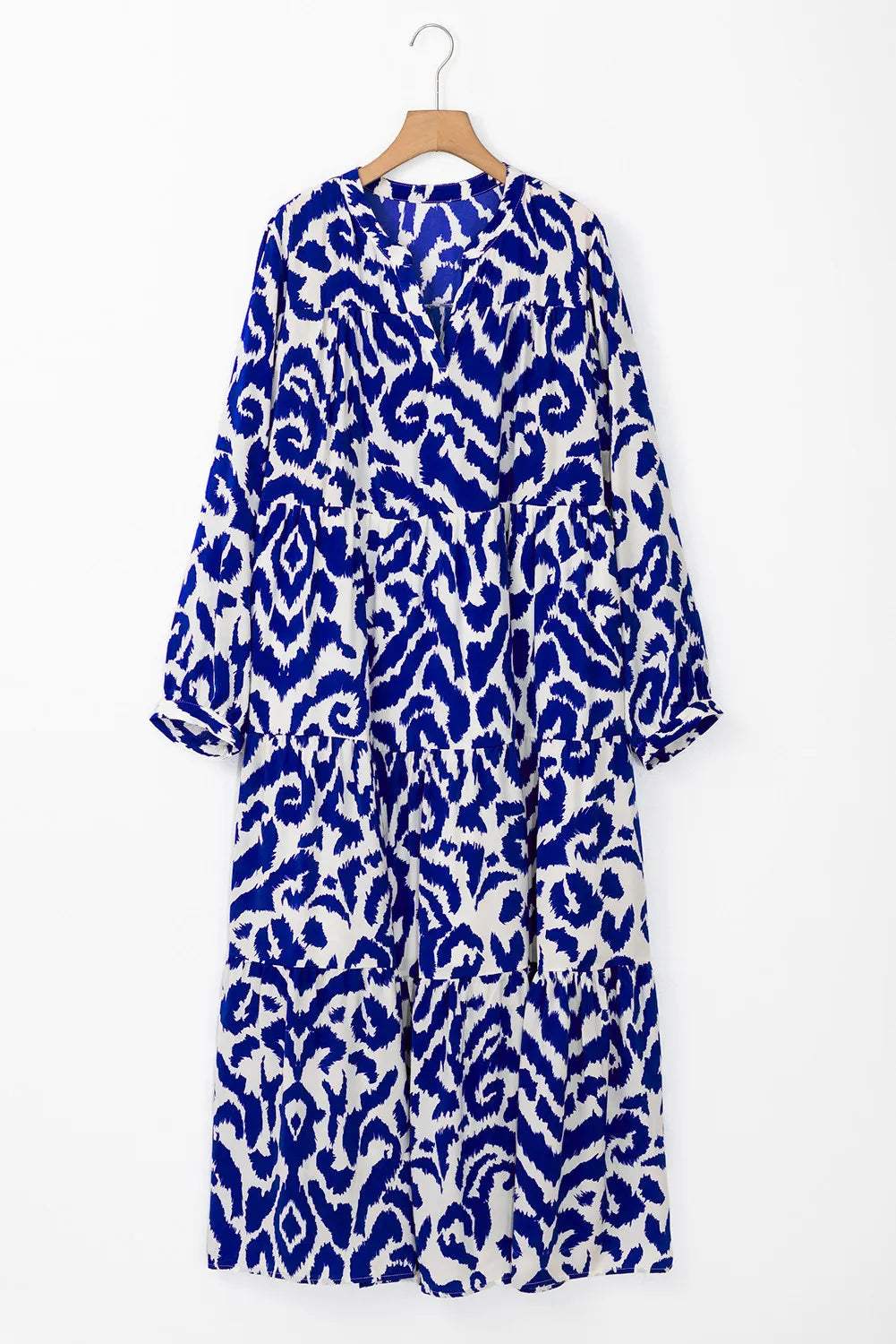 Tiered Printed Notched Long Sleeve Midi Dress - Trendsi - Flyclothing LLC