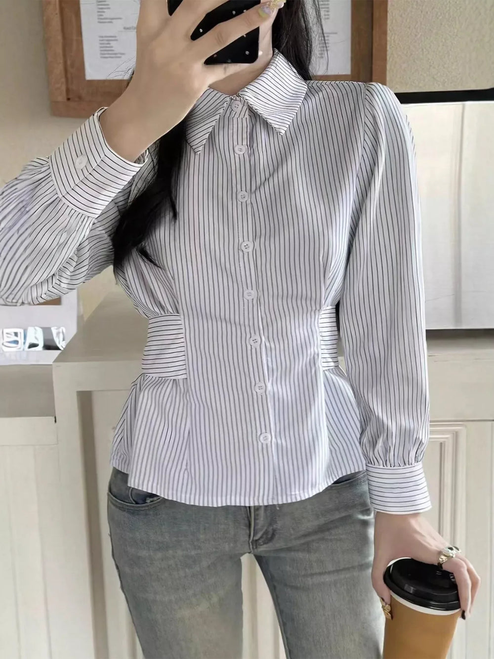 Striped Peplum Button Up Shirt - Trendsi - Flyclothing LLC