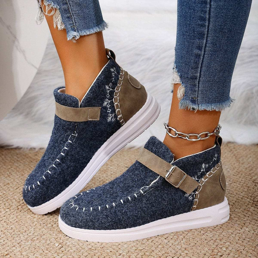 Contrast Round Toe Buckle Sneakers - Trendsi - Flyclothing LLC