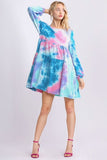 Umgee Full Size Tie Dye Round Neck Long Sleeve Babydoll Tiered Dress Plus Size - Trendsi