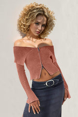 Double Take Ribbed Off-Shoulder Zip Up Long Sleeve Cardigan - Trendsi - Flyclothing LLC