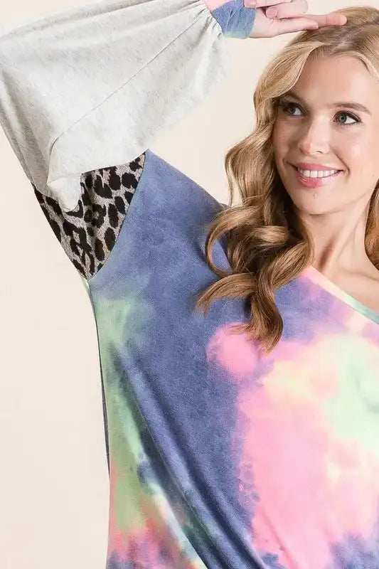 BiBi Tie Dye Terry Top with Contrast Puff Sleeves - Trendsi - Flyclothing LLC