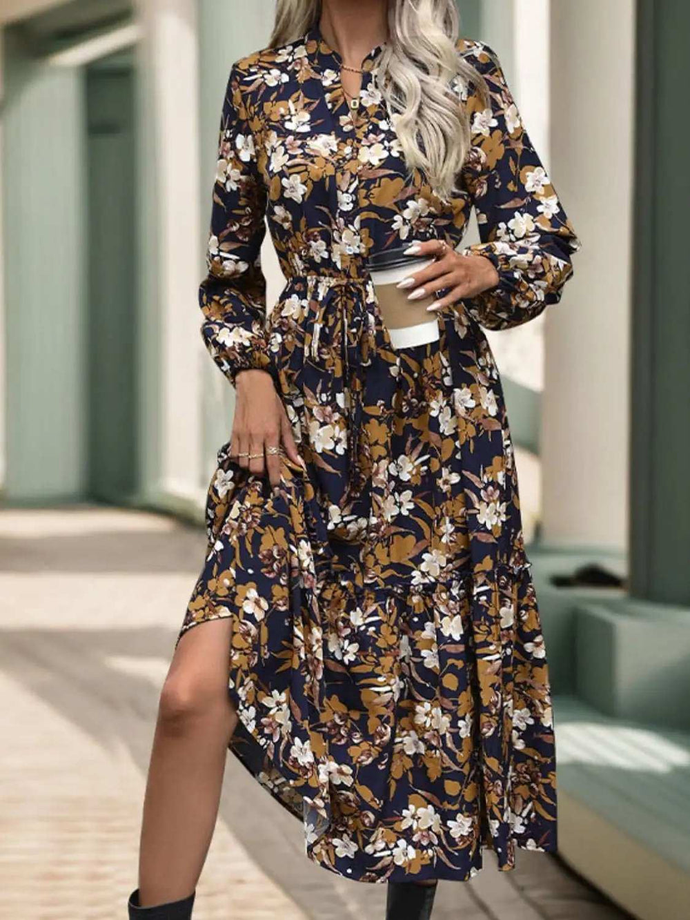 Perfee Printed Notched Long Sleeve Midi Dress - Trendsi - Flyclothing LLC
