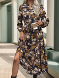 Perfee Printed Notched Long Sleeve Midi Dress - Trendsi