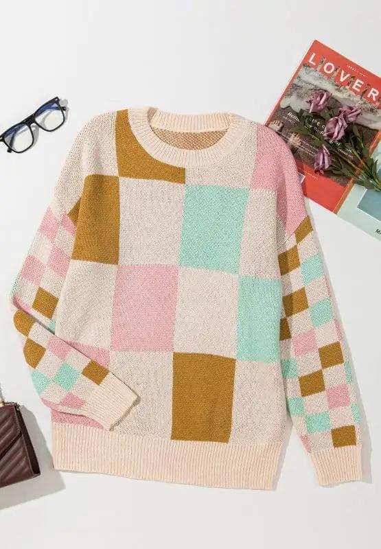 Checkered Round Neck Drop Shoulder Sweater - Trendsi - Flyclothing LLC