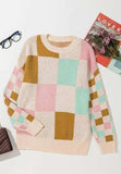 Checkered Round Neck Drop Shoulder Sweater - Trendsi - Flyclothing LLC