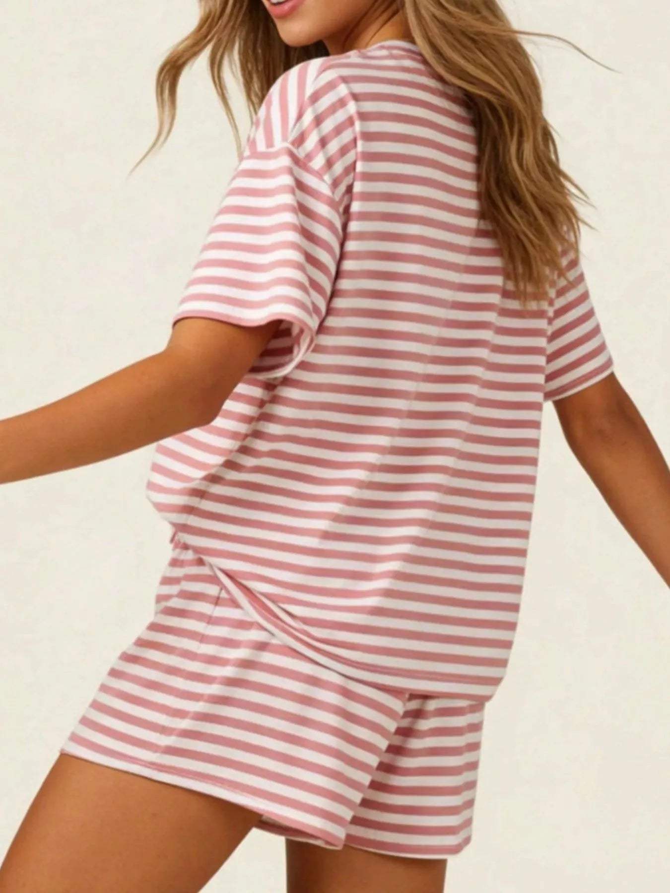 Striped Short Sleeve Tee and Drawstring Shorts Set - Trendsi - Flyclothing LLC