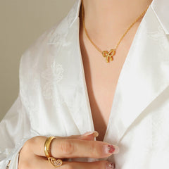 Gold-Plated Titanium Steel Bow Pendant Necklace - Trendsi