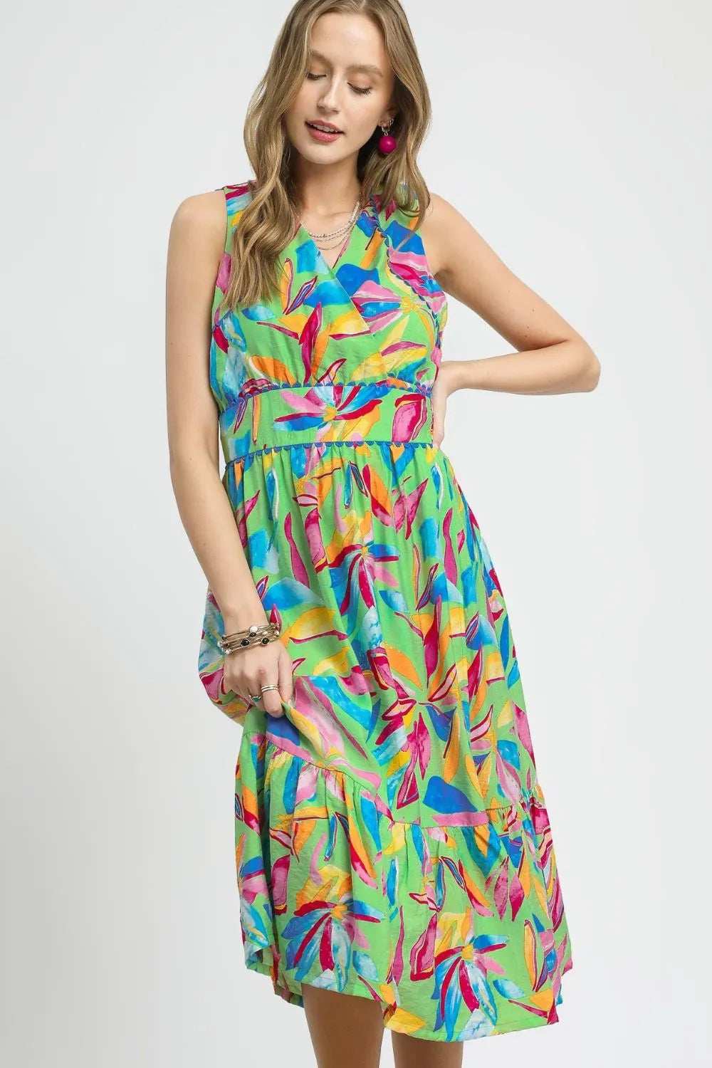 Umgee Ruffled Hem Printed Sleeveless Midi Dress - Trendsi - Flyclothing LLC