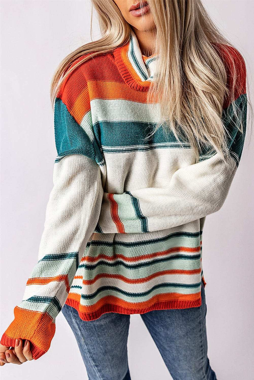 Contrast Striped Turtleneck Dropped Shoulder Sweater - Trendsi - Flyclothing LLC