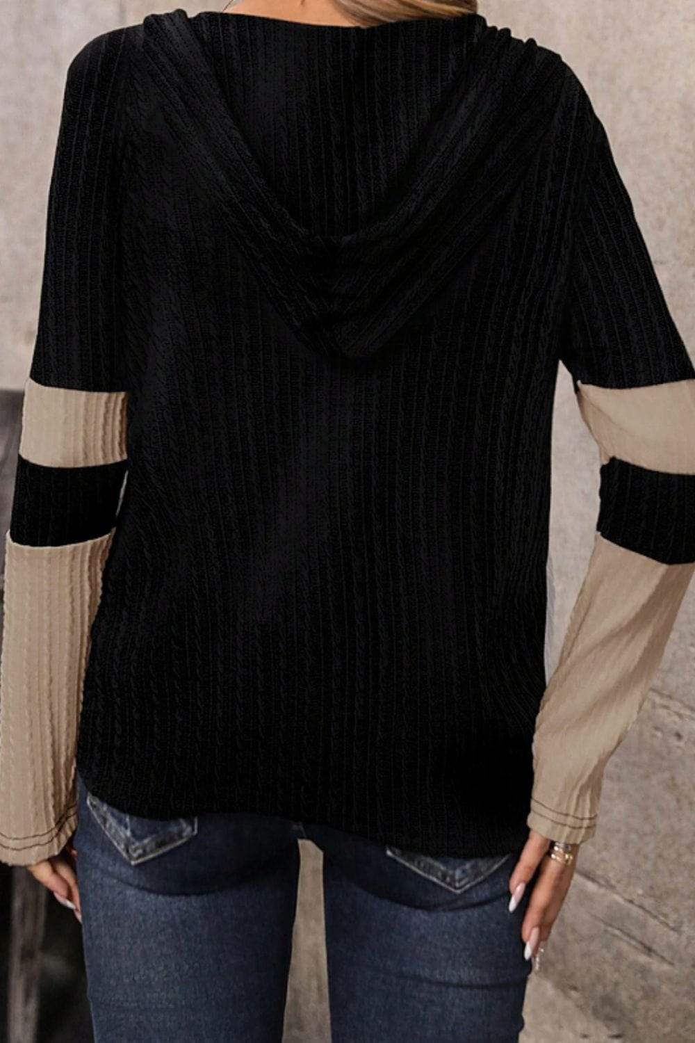 Drawstring Quarter Zip Contrast Long Sleeve Hoodie - Trendsi - Flyclothing LLC