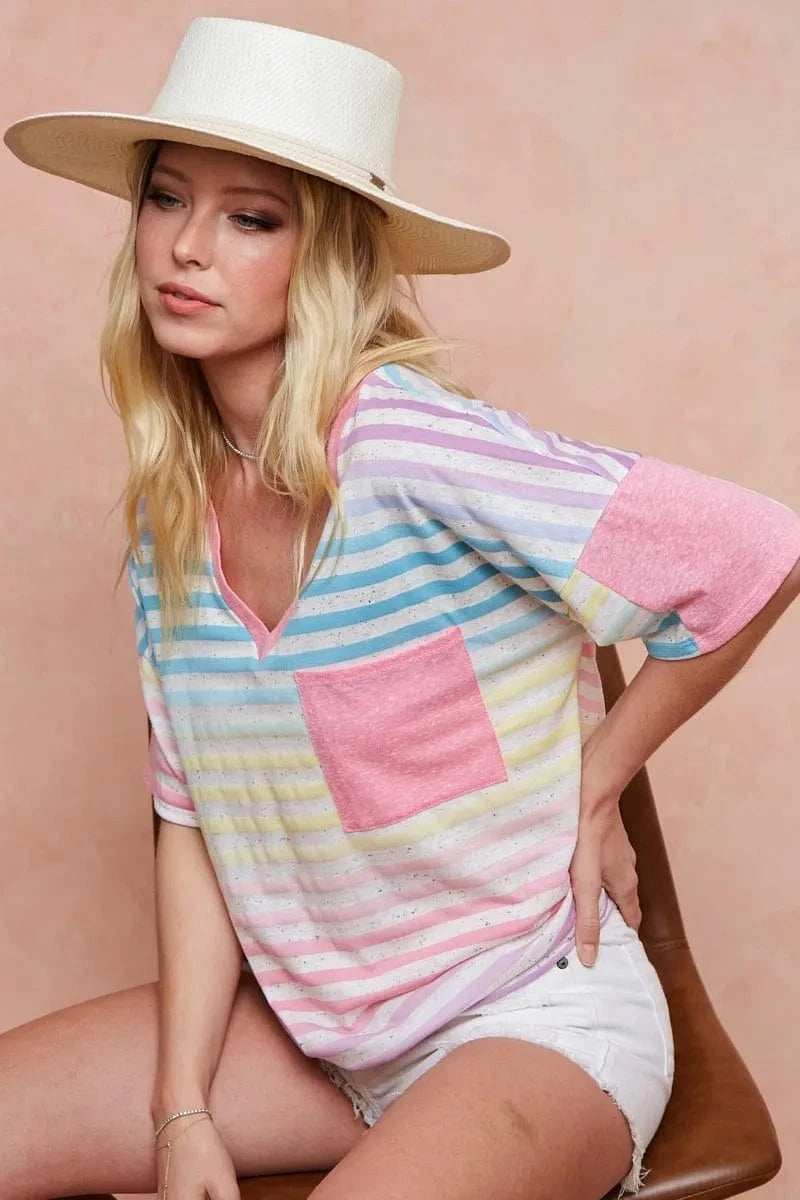 BiBi Rainbow Stripe Printed Triblend Knit Top - Trendsi - Flyclothing LLC