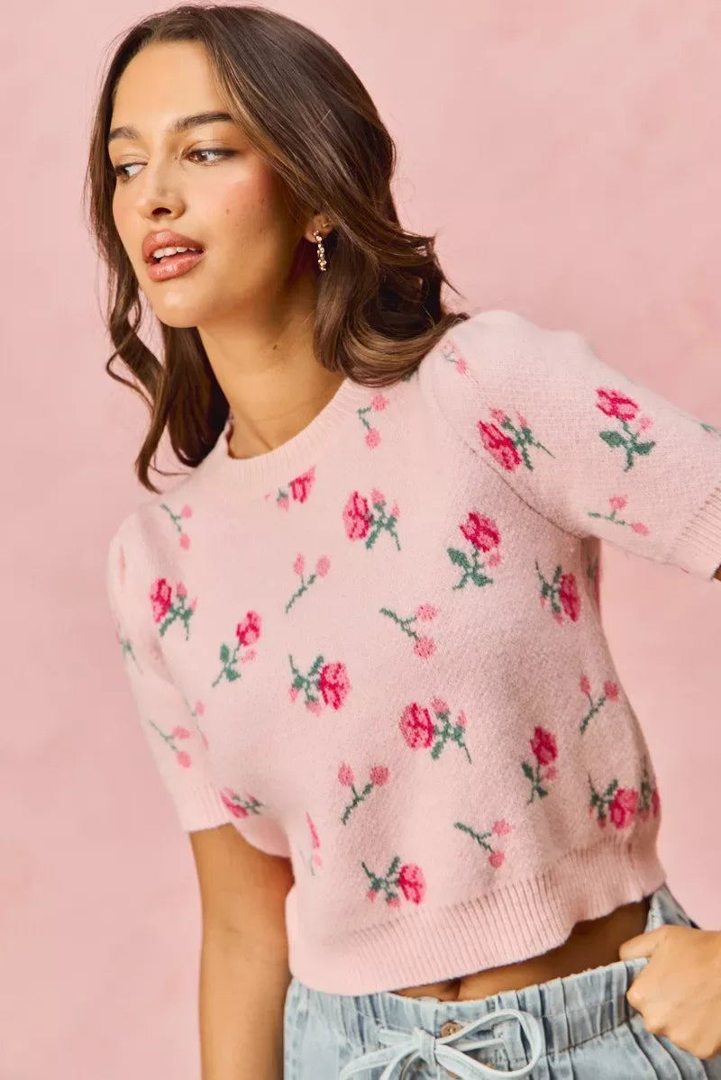 SO ME Floral Pattern Knit Puff Sleeves Sweater Top - Trendsi - Flyclothing LLC