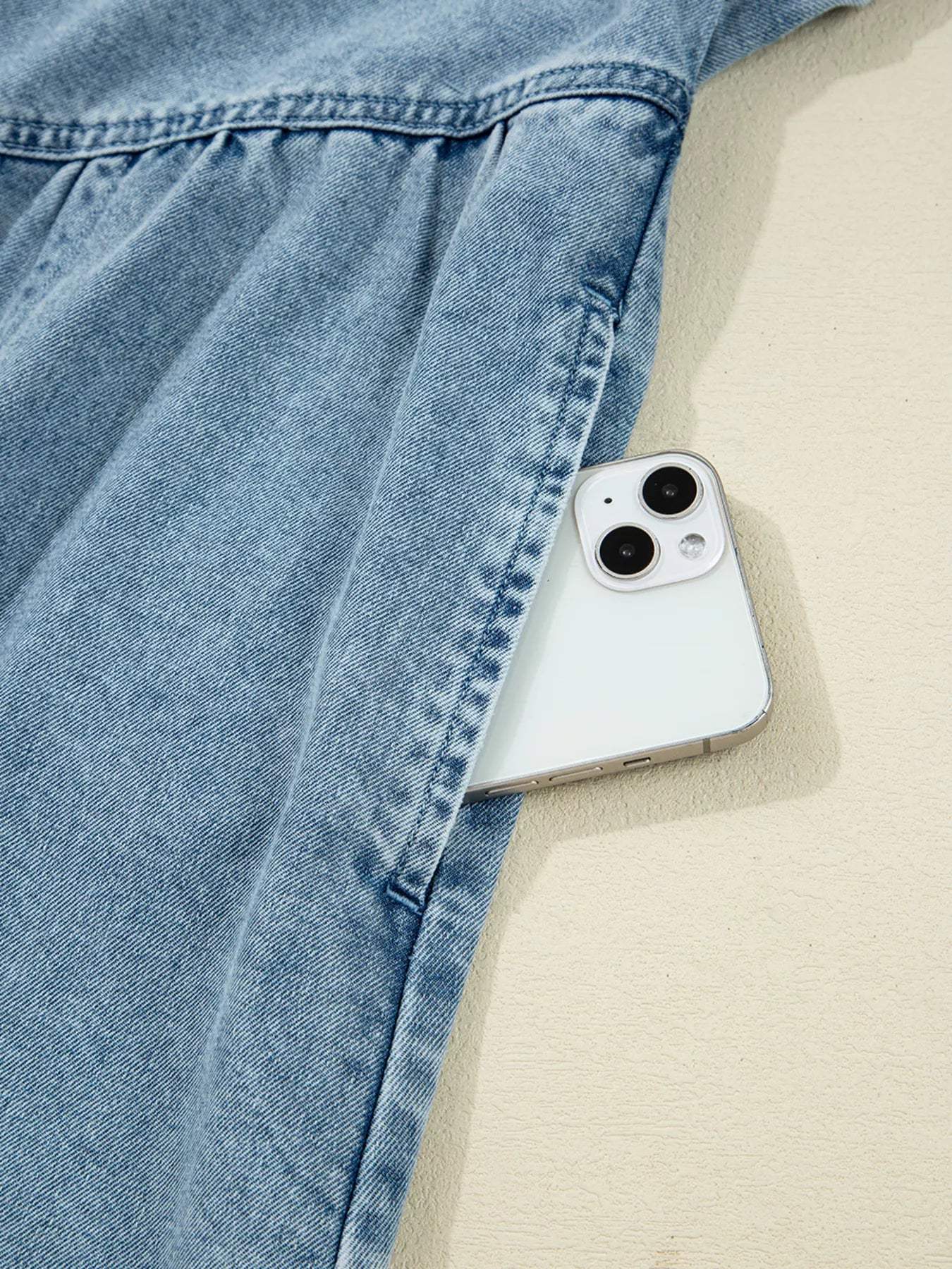 Smocked Cuffs Flared Denim Shirt Mini Dress - Trendsi - Flyclothing LLC