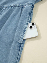 Smocked Cuffs Flared Denim Shirt Mini Dress - Trendsi - Flyclothing LLC
